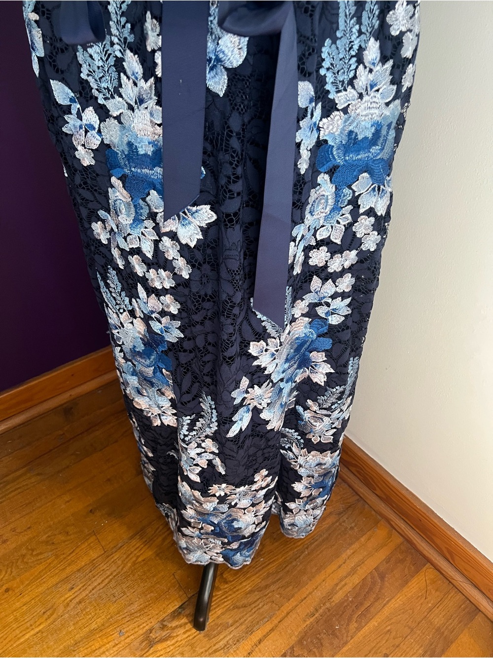 Adrianna Papell Navy Plus Size Maxi Gown with Blue Floral Embroidery - Picture 4 of 11